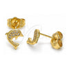 Oro Laminado Stud Earring, Gold Filled Style Dolphin Design, with White Micro Pave, Polished, Golden Finish, 02.156.0048