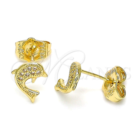 Oro Laminado Stud Earring, Gold Filled Style Dolphin Design, with White Micro Pave, Polished, Golden Finish, 02.156.0048