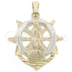 Oro Laminado Religious Pendant, Gold Filled Style Virgen Maria and Anchor Design, Diamond Cutting Finish, Tricolor, 5.186.008
