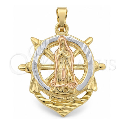 Oro Laminado Religious Pendant, Gold Filled Style Virgen Maria and Anchor Design, Diamond Cutting Finish, Tricolor, 5.186.008