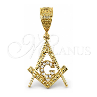 Oro Laminado Religious Pendant, Gold Filled Style Judaica and Star of David Design, with White Cubic Zirconia, Polished, Golden Finish, 5.187.018