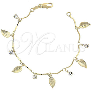 Oro Laminado Charm Bracelet, Gold Filled Style Leaf Design, with White Cubic Zirconia, Polished, Golden Finish, 03.63.1053.07 (7 Inches Length)