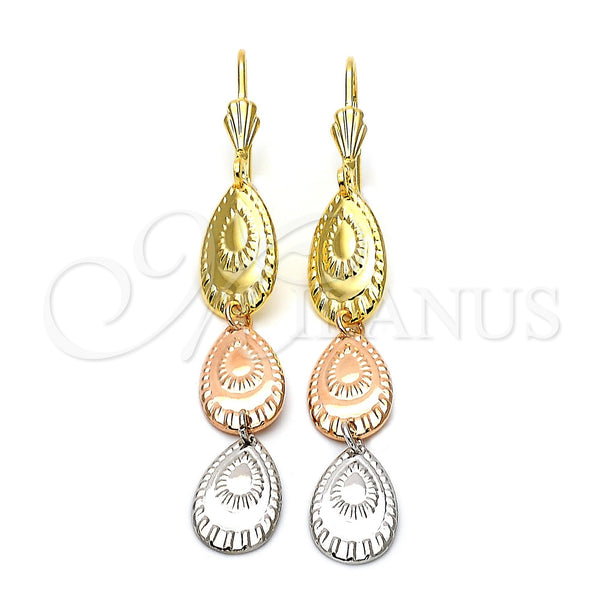 Oro Laminado Long Earring, Gold Filled Style Teardrop Design, Diamond Cutting Finish, Tricolor, 02.63.2144