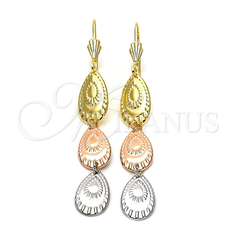 Oro Laminado Long Earring, Gold Filled Style Teardrop Design, Diamond Cutting Finish, Tricolor, 02.63.2144