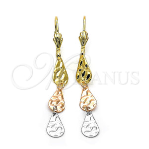 Oro Laminado Long Earring, Gold Filled Style Teardrop Design, Diamond Cutting Finish, Tricolor, 02.63.2146