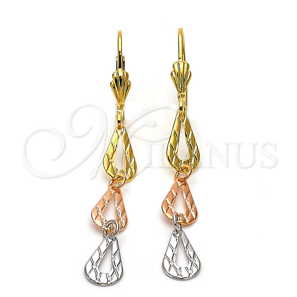 Oro Laminado Long Earring, Gold Filled Style Teardrop Design, Diamond Cutting Finish, Tricolor, 02.63.2150