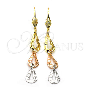 Oro Laminado Long Earring, Gold Filled Style Teardrop Design, Diamond Cutting Finish, Tricolor, 02.63.2151