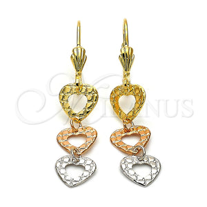 Oro Laminado Long Earring, Gold Filled Style Heart Design, Diamond Cutting Finish, Tricolor, 02.63.2155
