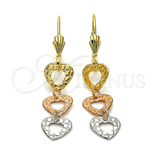 Oro Laminado Long Earring, Gold Filled Style Heart Design, Diamond Cutting Finish, Tricolor, 02.63.2155
