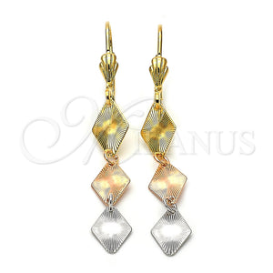 Oro Laminado Long Earring, Gold Filled Style Diamond Cutting Finish, Tricolor, 02.63.2157