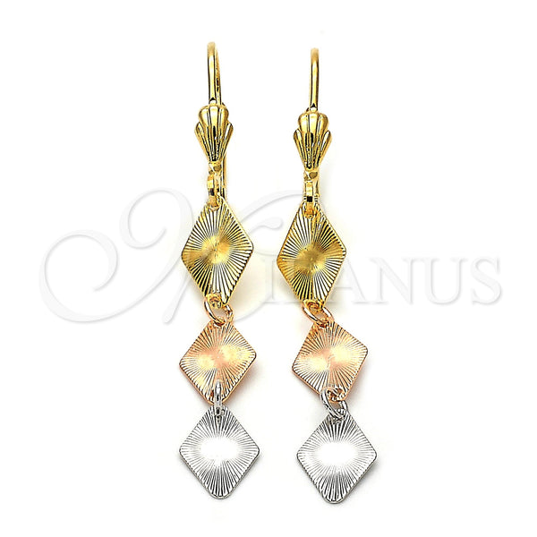 Oro Laminado Long Earring, Gold Filled Style Diamond Cutting Finish, Tricolor, 02.63.2157