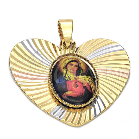 Oro Laminado Religious Pendant, Gold Filled Style Sagrado Corazon de Maria Design, Diamond Cutting Finish, Tricolor, 5.194.018