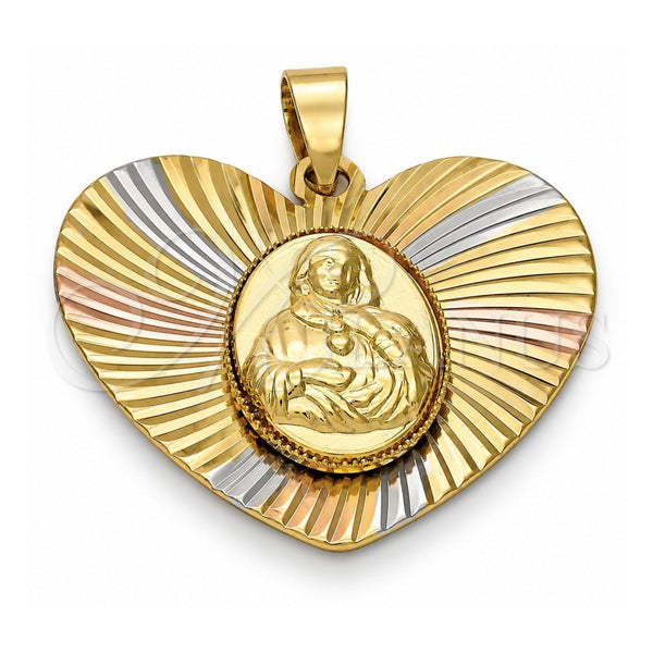 Oro Laminado Religious Pendant, Gold Filled Style Sagrado Corazon de Maria Design, Diamond Cutting Finish, Tricolor, 5.194.020