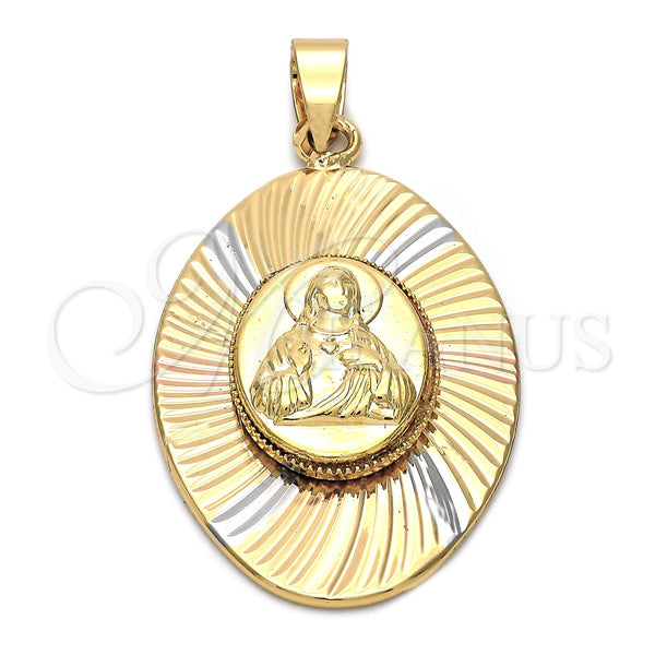 Oro Laminado Religious Pendant, Gold Filled Style Sagrado Corazon de Jesus Design, Diamond Cutting Finish, Tricolor, 5.196.011