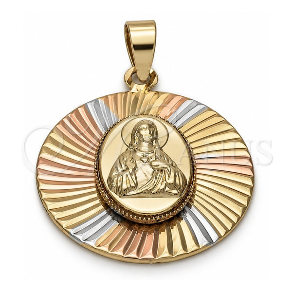Oro Laminado Religious Pendant, Gold Filled Style Sagrado Corazon de Jesus Design, Diamond Cutting Finish, Tricolor, 5.196.012