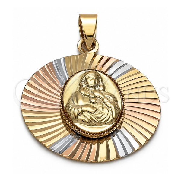 Oro Laminado Religious Pendant, Gold Filled Style Sagrado Corazon de Maria Design, Diamond Cutting Finish, Tricolor, 5.196.020