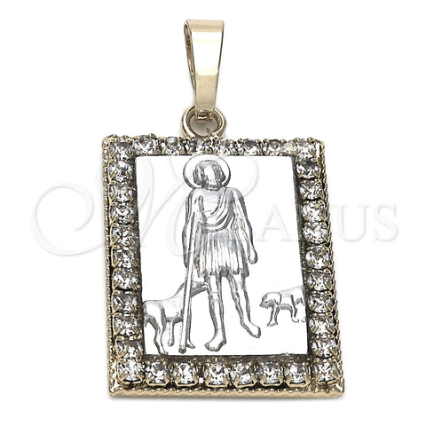 Oro Laminado Religious Pendant, Gold Filled Style San Lazaro Design, with White Cubic Zirconia, Polished, Two Tone, 5.198.030