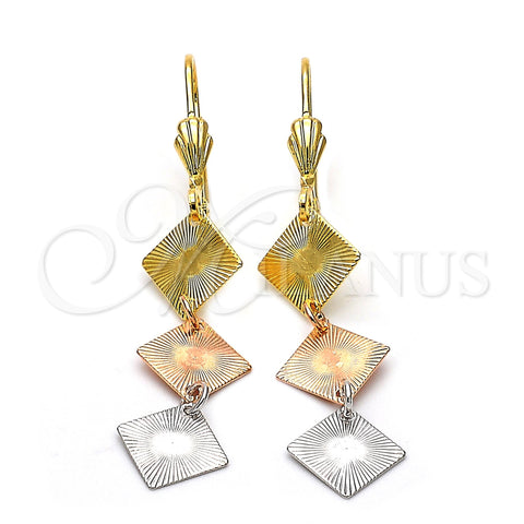 Oro Laminado Long Earring, Gold Filled Style Diamond Cutting Finish, Tricolor, 02.63.2161