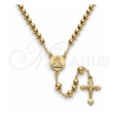 Oro Laminado Medium Rosary, Gold Filled Style Sagrado Corazon de Jesus and Crucifix Design, Polished, Golden Finish, 5.208.004.24