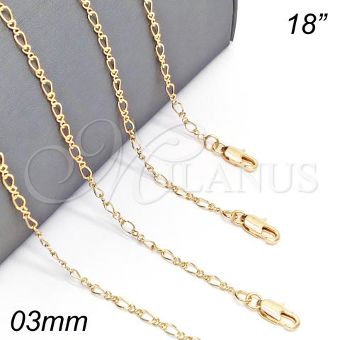 Oro Laminado Basic Necklace, Gold Filled Style Figaro Concave Design, Polished, Golden Finish, 5.223.027.18 (0.50 Gauge, 03 MM Thickness, 18 Inches Length)