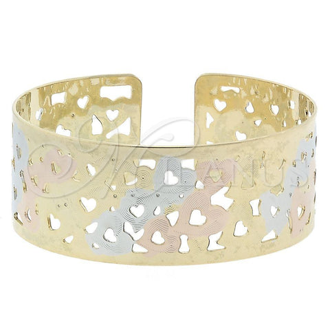 Oro Laminado Individual Bangle, Gold Filled Style Heart Design, Diamond Cutting Finish, Tricolor, 5.232.007 (25 MM Thickness, One size fits all)