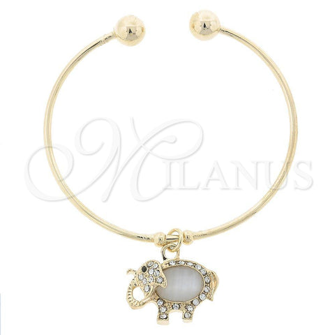 Oro Laminado Individual Bangle, Gold Filled Style Elephant and Ball Design, with Dark Champagne Opal and White Crystal, Polished, Golden Finish, 07.63.0107 (02 MM Thickness, One size fits all)