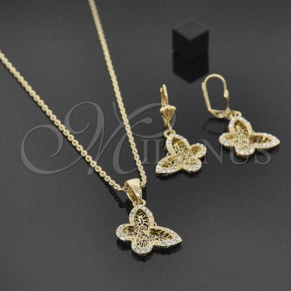 Oro Laminado Necklace and Earring, Gold Filled Style Butterfly and Filigree Design, with White Crystal, Polished, Golden Finish, 06.91.0019