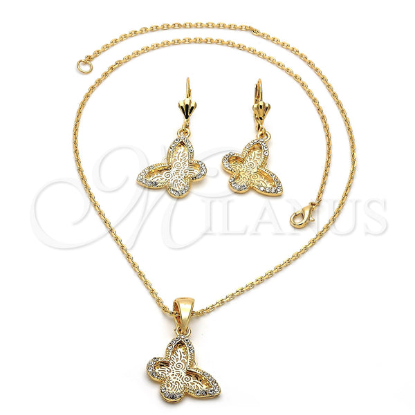 Oro Laminado Necklace and Earring, Gold Filled Style Butterfly and Filigree Design, with White Crystal for wholesale, main product view