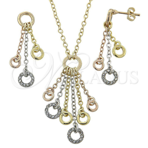 Oro Laminado Necklace and Earring, Gold Filled Style with White Crystal, Polished, Tricolor, 06.91.0026