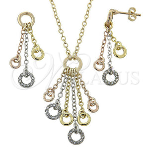 Oro Laminado Necklace and Earring, Gold Filled Style with White Crystal, Polished, Tricolor, 06.91.0026