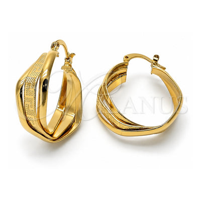 Oro Laminado Small Hoop, Gold Filled Style Twist and Greek Key Design, Diamond Cutting Finish, Golden Finish, 5.153.024