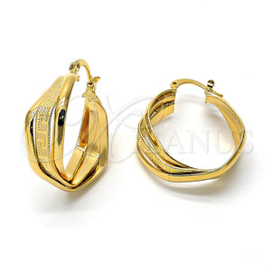 Oro Laminado Small Hoop, Gold Filled Style Twist and Greek Key Design, Diamond Cutting Finish, Golden Finish, 5.153.024