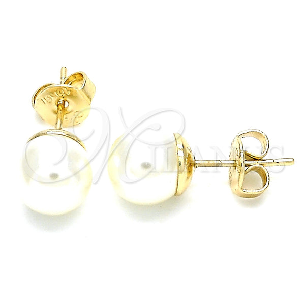Oro Laminado Stud Earring, Gold Filled Style Ball Design, with Ivory Pearl, Polished, Golden Finish, 02.63.2124