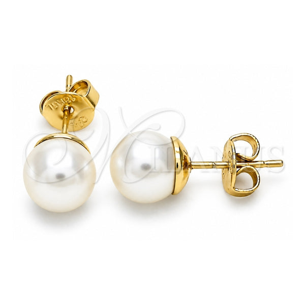 Oro Laminado Stud Earring, Gold Filled Style Ball Design, with Ivory Pearl, Polished, Golden Finish, 02.63.2124