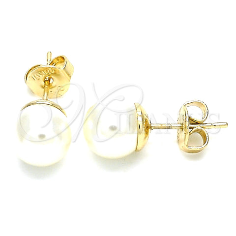 Oro Laminado Stud Earring, Gold Filled Style Ball Design, with Ivory Pearl, Polished, Golden Finish, 02.63.2124