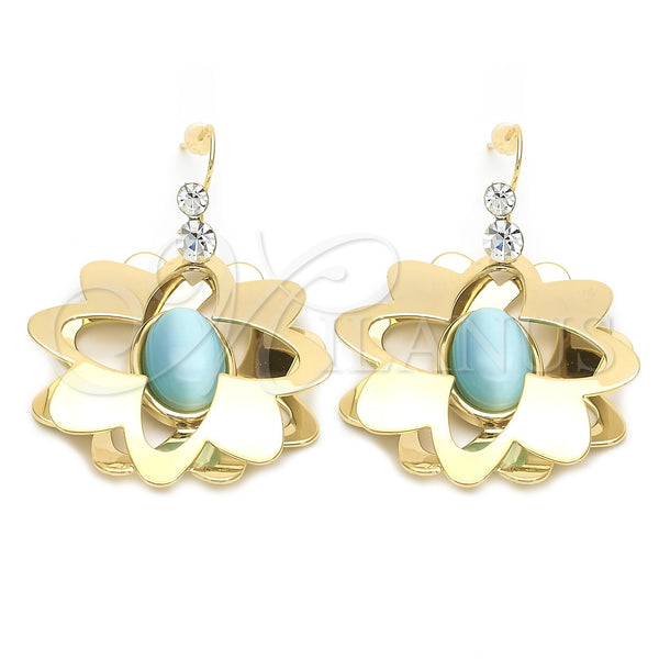 Oro Laminado Long Earring, Gold Filled Style Flower Design, with White Crystal, Polished, Golden Finish, 02.154.0053