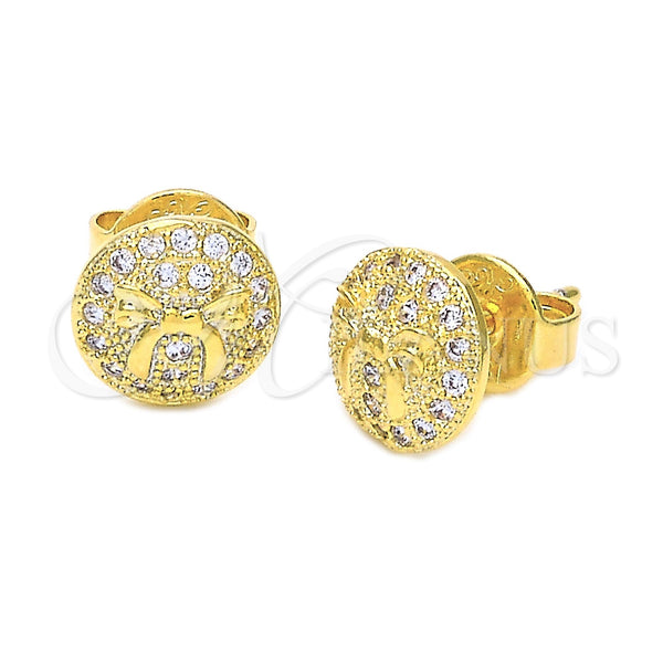 Oro Laminado Stud Earring, Gold Filled Style Bow Design, with White Micro Pave, Polished, Golden Finish, 02.63.1814