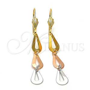 Oro Laminado Long Earring, Gold Filled Style Teardrop Design, Diamond Cutting Finish, Tricolor, 02.63.2168