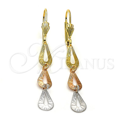 Oro Laminado Long Earring, Gold Filled Style Teardrop Design, Diamond Cutting Finish, Tricolor, 02.63.2174 for wholesale, main product view