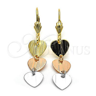 Oro Laminado Long Earring, Gold Filled Style Heart Design, Brushed Finish, Tricolor, 02.63.2177 for wholesale, main product view