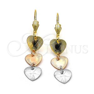 Oro Laminado Long Earring, Gold Filled Style Heart Design, Diamond Cutting Finish, Tricolor, 02.63.2178