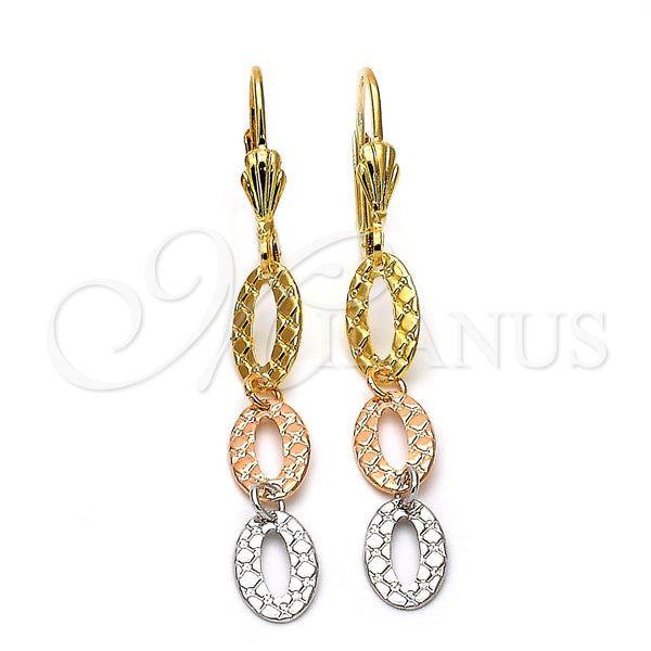 Oro Laminado Long Earring, Gold Filled Style Diamond Cutting Finish, Tricolor, 02.63.2182