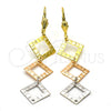Oro Laminado Long Earring, Gold Filled Style Diamond Cutting Finish, Tricolor, 02.63.2190