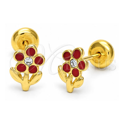 Oro Laminado Stud Earring, Gold Filled Style Flower Design, Red Enamel Finish, Golden Finish, 02.09.0044
