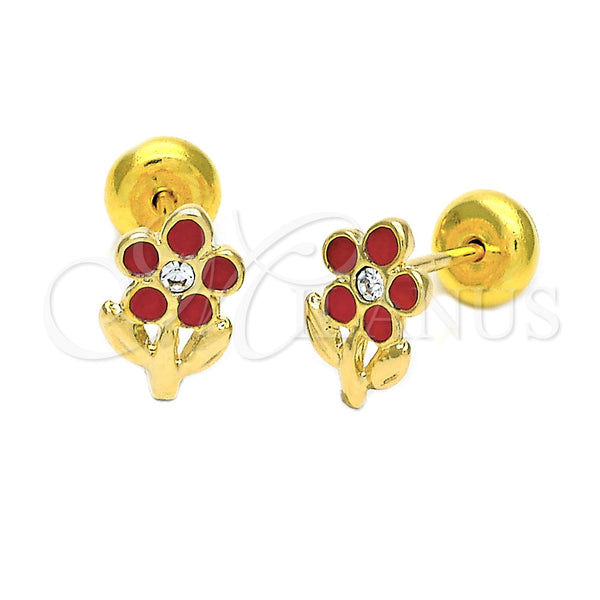 Oro Laminado Stud Earring, Gold Filled Style Flower Design, Red Enamel Finish, Golden Finish, 02.09.0044