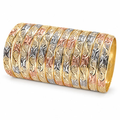 Gold Plated Dozen Bangle, Diamond Cutting Finish, Tricolor, 03.08.0088.02 (06 MM Thickness, Size 2 (1.75 Diameter))
