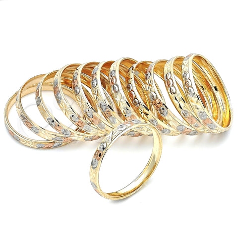 Gold Plated Dozen Bangle, Diamond Cutting Finish, Tricolor, 03.08.0088.02 (06 MM Thickness, Size 2 (1.75 Diameter))