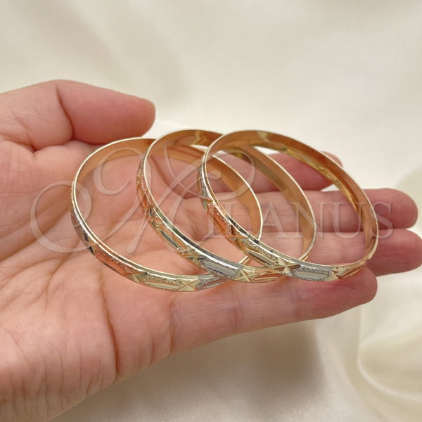 Gold Plated Dozen Bangle, Diamond Cutting Finish, Tricolor, 03.08.0088.03 (06 MM Thickness, Size 3 (2.00 Diameter))