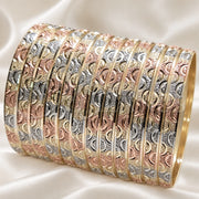 Gold Plated Dozen Bangle, Diamond Cutting Finish, Tricolor, 03.08.0088.05 (06 MM Thickness, Size 5 (2.50 Diameter))