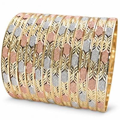 Gold Plated Dozen Bangle, Diamond Cutting Finish, Tricolor, 03.08.0088.07 (06 MM Thickness, Size 7 (3.00 Diameter))